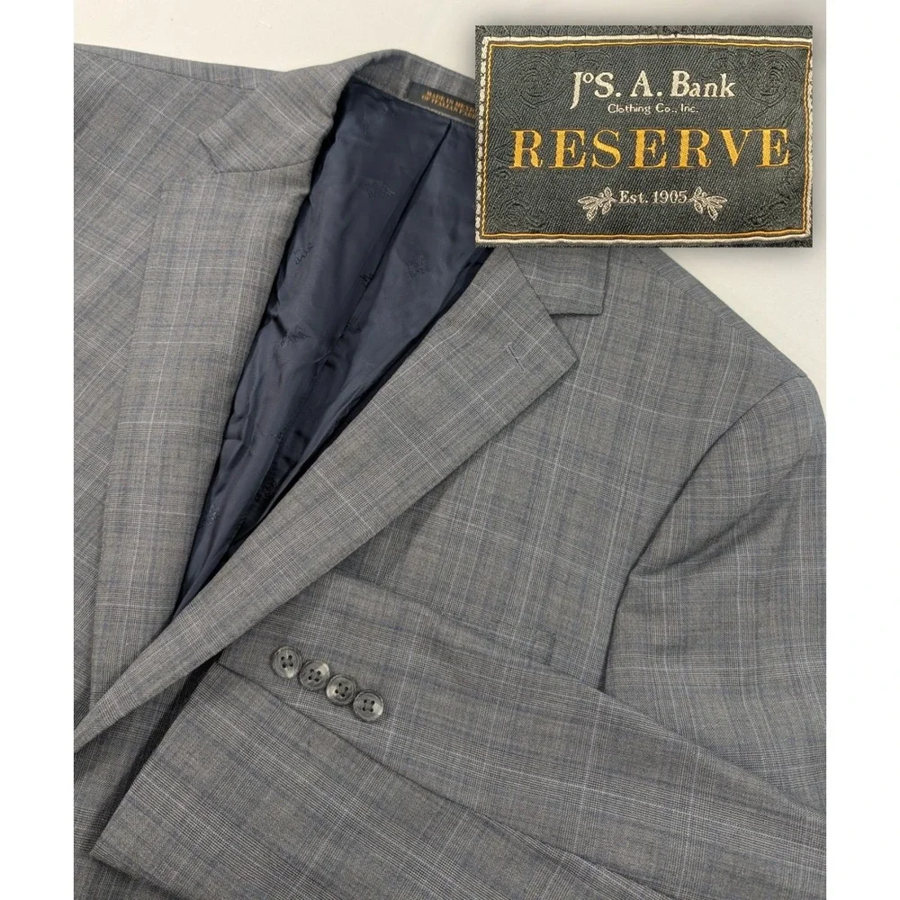 Jos. Bank Reserve Reda Blazer Suit Jacket Wool  Gray Glenn‎ Check 48R plaid READ
